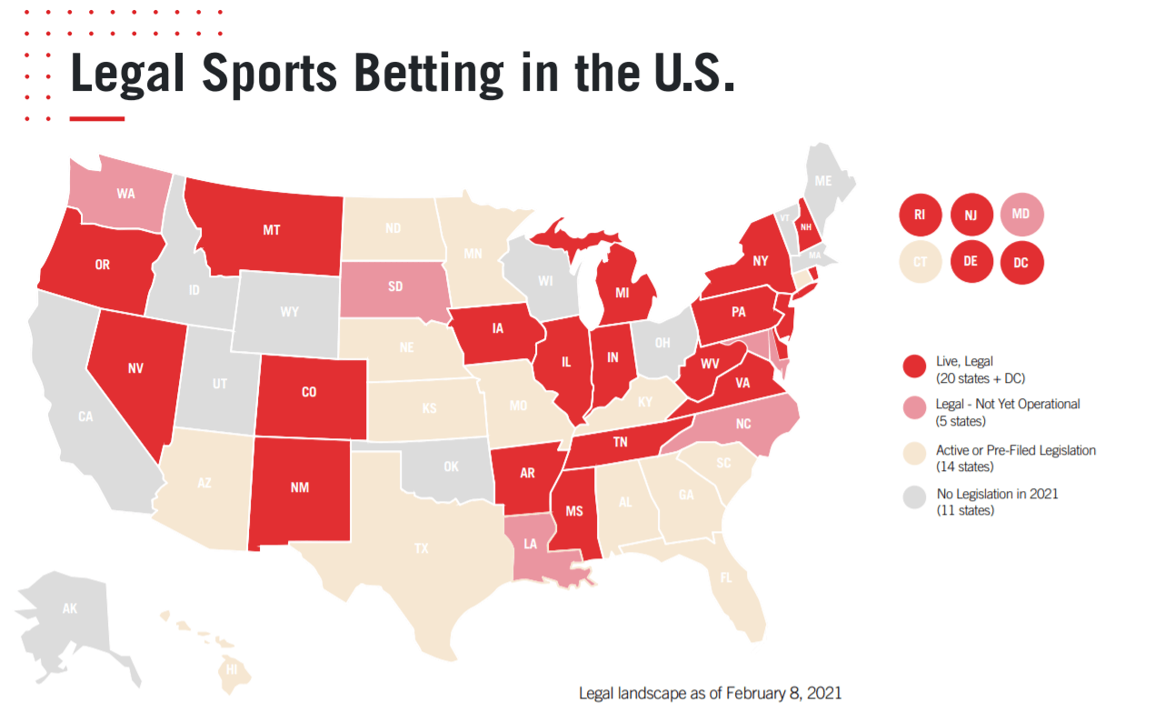 A legális sportfogadás térképe államokra bontva az USA-ban.