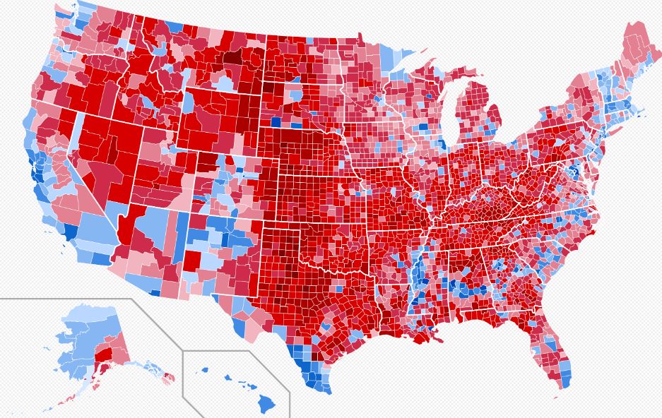 Amerika térképe az 2016-os elnökválasztáskor megyékre bontva, mely az utóbbi 40 évben jelentősen megváltozott.