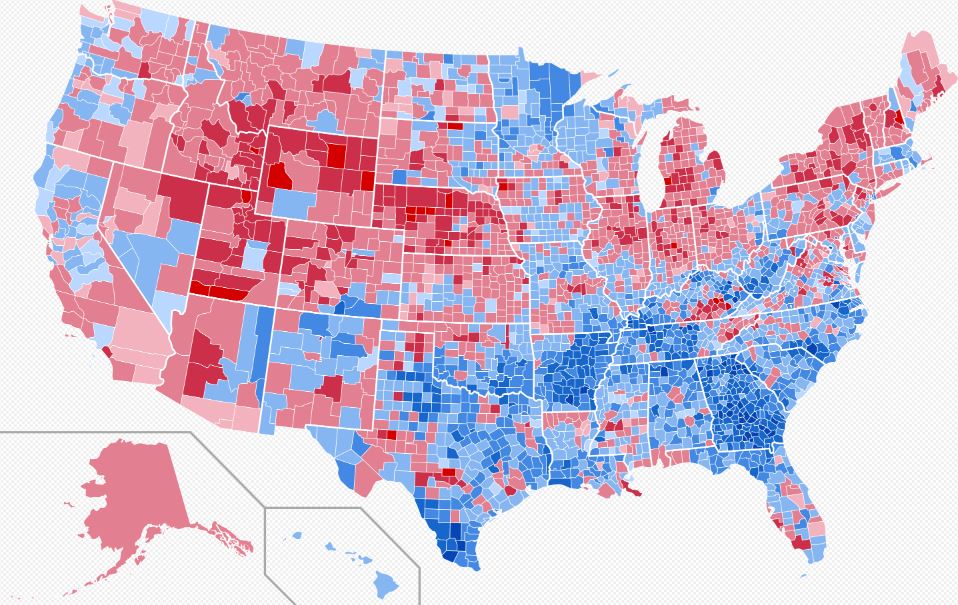Az USA térképe az 1976-os amerikai elnökválasztásról megyei bontásban, melyen látható, hogy az elmúlt 40 évben micsoda átalakulás történt.