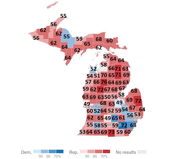 Michigan állam megyékre lebontott térképe a 2020-as elnökválasztás idején ahol a demokrata részek kékkel vannak jelölve