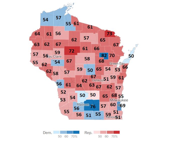 Wisconsin állam a 2020-as elnökválasztáson elért eredmények alapján megyei lebontásban.