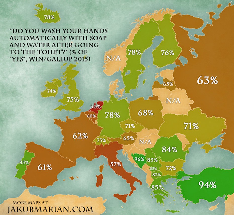 A kézmosás gyakoriságát bemutató ábra Euróopáról, ami a koronavírus szempontjából nagyon fontos, Olaszország árulkodóan a legrosszabb.